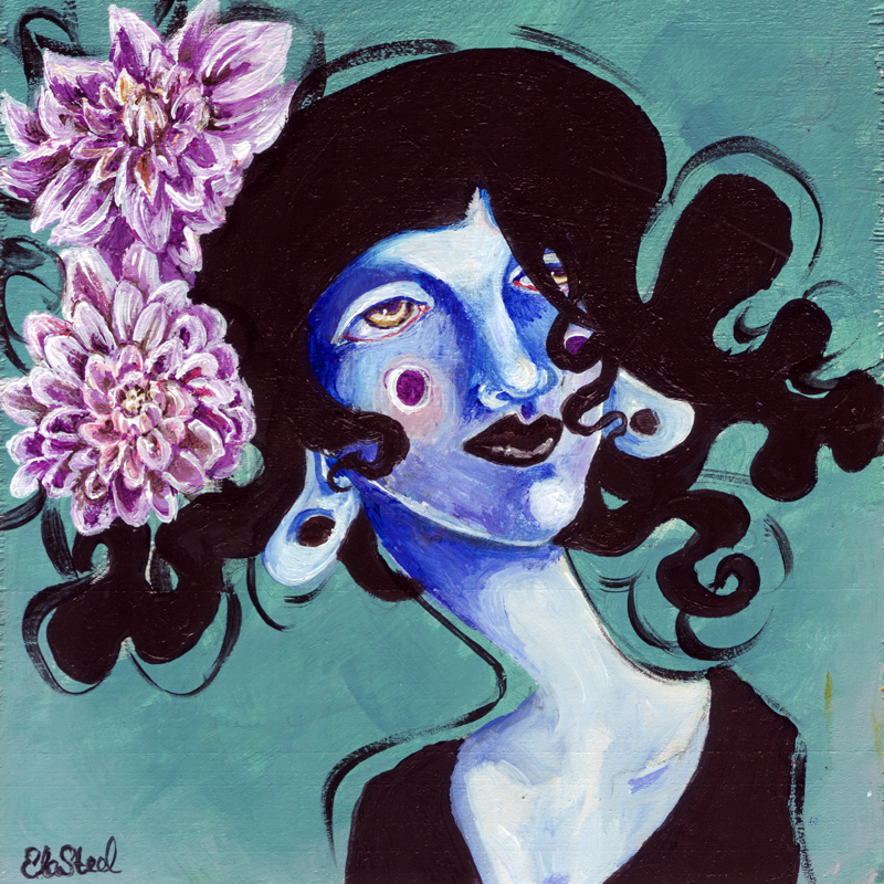 Lowbrow painting of woman with chrysanthemums