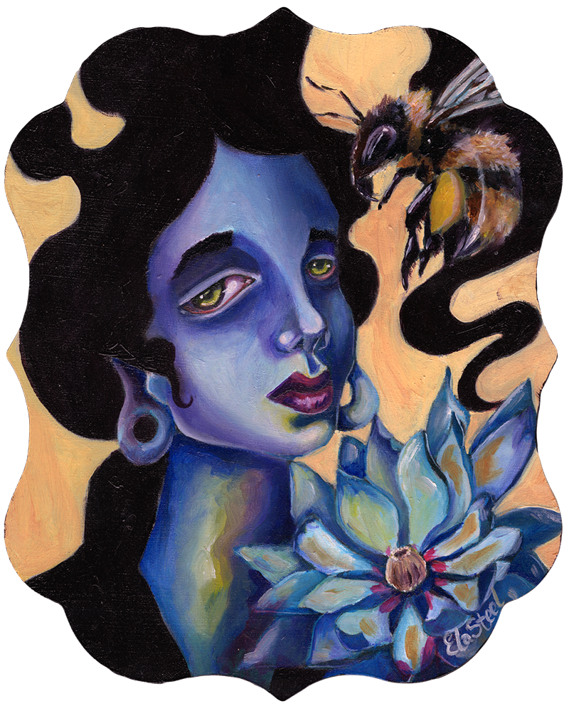 Fully Considered - Painting of a blue woman with lotus flower and honey bee