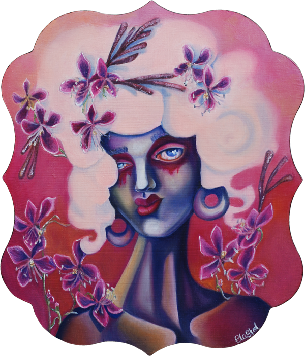 Lowbrow painting of a pink woman with lots of flowers.